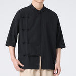 Buddha Stones Summer Tang Style Mandarin Collar Frog Button Solid Short Sleeve Men's Shirts