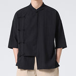 Buddha Stones Summer Tang Style Mandarin Collar Frog Button Solid Short Sleeve Men's Shirts