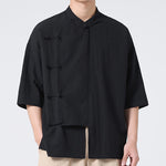 Buddha Stones Summer Tang Style Mandarin Collar Frog Button Solid Short Sleeve Men's Shirts