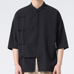 Buddha Stones Summer Tang Style Mandarin Collar Frog Button Solid Short Sleeve Men's Shirts
