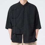 Buddha Stones Summer Tang Style Mandarin Collar Frog Button Solid Short Sleeve Men's Shirts