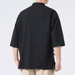 Buddha Stones Summer Tang Style Mandarin Collar Frog Button Solid Short Sleeve Men's Shirts