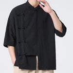 Buddha Stones Summer Tang Style Mandarin Collar Frog Button Solid Short Sleeve Men's Shirts