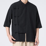 Buddha Stones Summer Tang Style Mandarin Collar Frog Button Solid Short Sleeve Men's Shirts