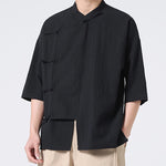 Buddha Stones Summer Tang Style Mandarin Collar Frog Button Solid Short Sleeve Men's Shirts