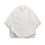 Buddha Stones Summer Tang Style Mandarin Collar Frog Button Solid Short Sleeve Men's Shirts