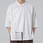 Buddha Stones Summer Tang Style Mandarin Collar Frog Button Solid Short Sleeve Men's Shirts