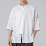 Buddha Stones Summer Tang Style Mandarin Collar Frog Button Solid Short Sleeve Men's Shirts