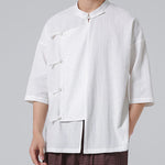Buddha Stones Summer Tang Style Mandarin Collar Frog Button Solid Short Sleeve Men's Shirts