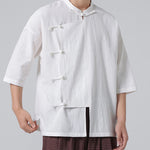 Buddha Stones Summer Tang Style Mandarin Collar Frog Button Solid Short Sleeve Men's Shirts