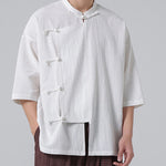 Buddha Stones Summer Tang Style Mandarin Collar Frog Button Solid Short Sleeve Men's Shirts