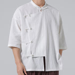 Buddha Stones Summer Tang Style Mandarin Collar Frog Button Solid Short Sleeve Men's Shirts