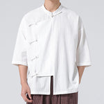 Buddha Stones Summer Tang Style Mandarin Collar Frog Button Solid Short Sleeve Men's Shirts