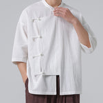 Buddha Stones Summer Tang Style Mandarin Collar Frog Button Solid Short Sleeve Men's Shirts
