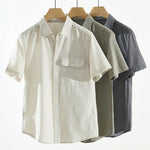 Buddha Stones Summer Casual Button-Up Striped Cotton Men's Short Sleeve Shirts With Decorative Pocket