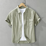 Buddha Stones Summer Casual Button-Up Striped Cotton Men's Short Sleeve Shirts With Decorative Pocket