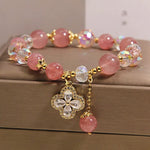 Buddha Stones Strawberry Quartz Clover Love Beaded Tassel Bracelet