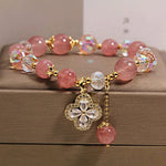Buddha Stones Strawberry Quartz Clover Love Beaded Tassel Bracelet