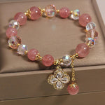 Buddha Stones Strawberry Quartz Clover Love Beaded Tassel Bracelet