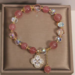 Buddha Stones Strawberry Quartz Clover Love Beaded Tassel Bracelet