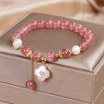 Buddha Stones Strawberry Quartz Pearl Shell Four-Leaf Clover Love Round Bead Bracelet