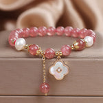 Buddha Stones Strawberry Quartz Pearl Shell Four-Leaf Clover Love Round Bead Bracelet