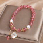 Buddha Stones Strawberry Quartz Pearl Shell Four-Leaf Clover Love Round Bead Bracelet