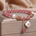 Buddha Stones Strawberry Quartz Pearl Shell Four-Leaf Clover Love Round Bead Bracelet