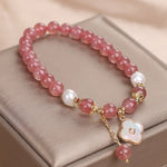 Buddha Stones Strawberry Quartz Pearl Shell Four-Leaf Clover Love Round Bead Bracelet
