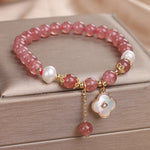Buddha Stones Strawberry Quartz Pearl Shell Four-Leaf Clover Love Round Bead Bracelet