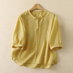 Buddha Stones Summer Vintage Embroidery Floral Women's Elbow-Length Sleeve Shirts