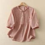 Buddha Stones Summer Vintage Embroidery Floral Women's Elbow-Length Sleeve Shirts