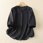 Buddha Stones Summer Vintage Embroidery Floral Women's Elbow-Length Sleeve Shirts