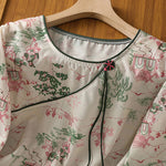 Buddha Stones Summer Tang Style Frog Button Floral Pavilion Women's Elbow-Length Sleeve Shirts