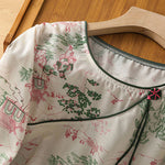 Buddha Stones Summer Tang Style Frog Button Floral Pavilion Women's Elbow-Length Sleeve Shirts