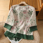 Buddha Stones Summer Tang Style Frog Button Floral Pavilion Women's Elbow-Length Sleeve Shirts
