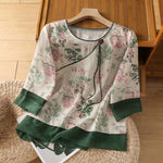Buddha Stones Summer Tang Style Frog Button Floral Pavilion Women's Elbow-Length Sleeve Shirts