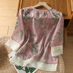 Buddha Stones Summer Tang Style Frog Button Floral Pavilion Women's Elbow-Length Sleeve Shirts