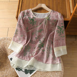 Buddha Stones Summer Tang Style Frog Button Floral Pavilion Women's Elbow-Length Sleeve Shirts