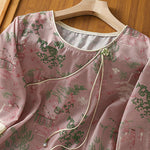 Buddha Stones Summer Tang Style Frog Button Floral Pavilion Women's Elbow-Length Sleeve Shirts