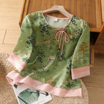 Buddha Stones Summer Tang Style Frog Button Floral Pavilion Women's Elbow-Length Sleeve Shirts