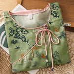 Buddha Stones Summer Tang Style Frog Button Floral Pavilion Women's Elbow-Length Sleeve Shirts