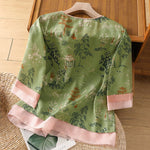 Buddha Stones Summer Tang Style Frog Button Floral Pavilion Women's Elbow-Length Sleeve Shirts