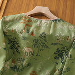 Buddha Stones Summer Tang Style Frog Button Floral Pavilion Women's Elbow-Length Sleeve Shirts