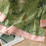 Buddha Stones Summer Tang Style Frog Button Floral Pavilion Women's Elbow-Length Sleeve Shirts