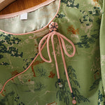 Buddha Stones Summer Tang Style Frog Button Floral Pavilion Women's Elbow-Length Sleeve Shirts