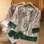 Buddha Stones Summer Tang Style Frog Button Floral Pavilion Women's Elbow-Length Sleeve Shirts
