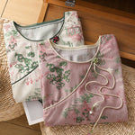 Buddha Stones Summer Tang Style Frog Button Floral Pavilion Women's Elbow-Length Sleeve Shirts