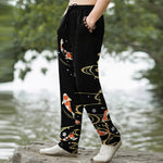 Buddha Stones Cotton Koi Fish Ripple Pattern Men's Tapered Pants With Pockets
