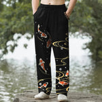 Buddha Stones Cotton Koi Fish Ripple Pattern Men's Tapered Pants With Pockets